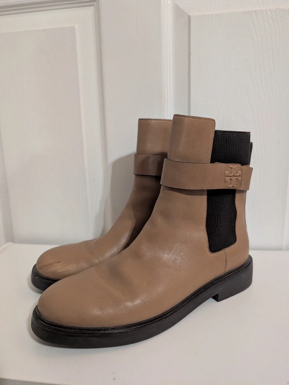 Tory Burch Womens Boots Double T Chelsea Brown Beige Ankle Leather Shoes Size 10
